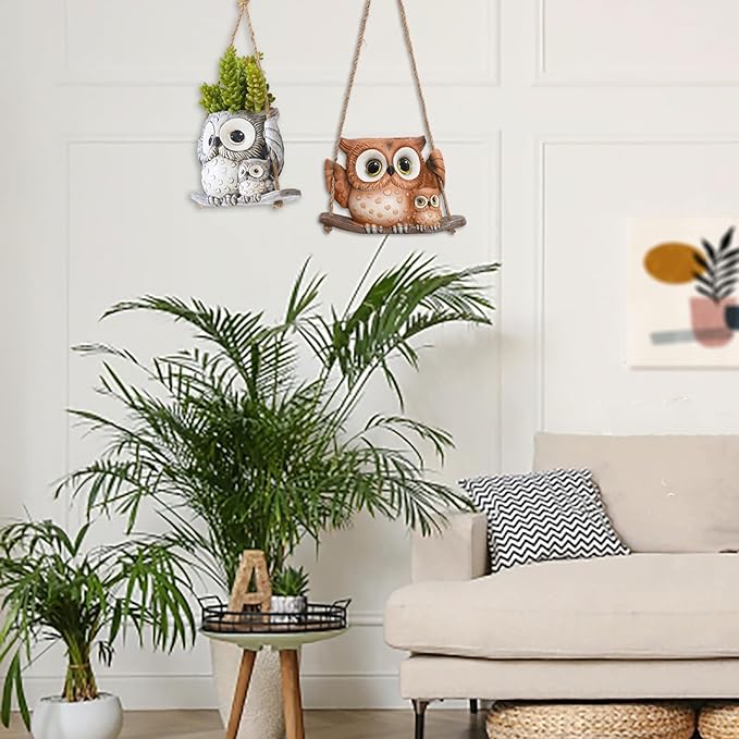 Swing Owl Hanging Planters for Indoor Plants, Cute Small Succulent Pots with Drainage Hole, Unique Resin Plant Hangers Outdoor, Hanging Plant Holder for String Of Pearls, Gift Ideas for Mother