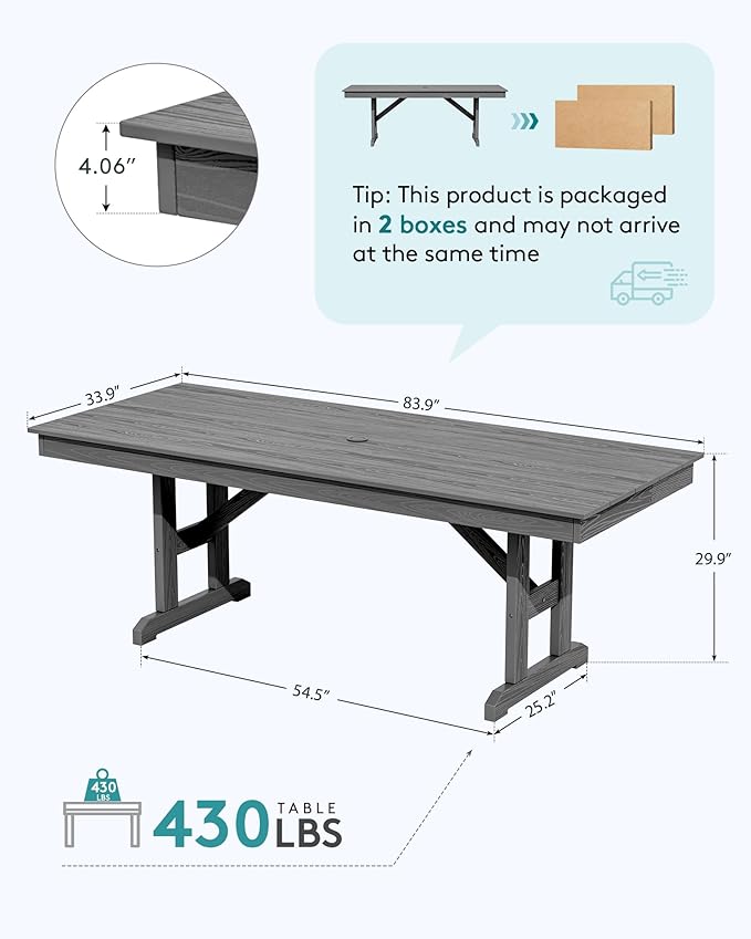 SERWALL Outdoor Dining Table, 84" Rectangular Dining Table for 6-10 Person, All Weather HDPE Outdoor Furniture for Backyard, Garden, Gray