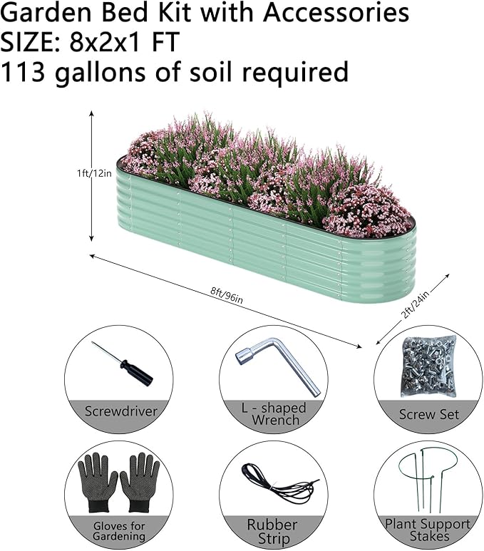 Garden Box Raised Flower Bed Galvanized Metal Planter Round Raised Garden Bed Kit for Gardening Outdoor 1PC Green 8X2X1FT