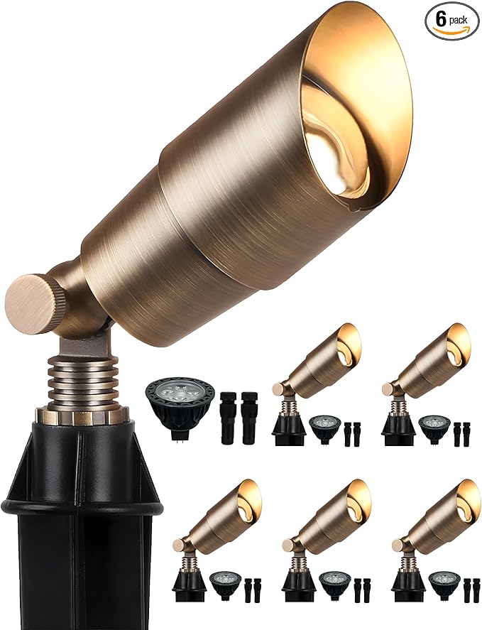 PARTPHONER Solid Brass Low Voltage Landscape Lighting, Wired 12V LED Landscape Spotlights with Aluminum Housing MR16 Bulb, Heavy Duty Outdoor Waterproof Up Lights for Garden, Yard, Trees, 6Pack