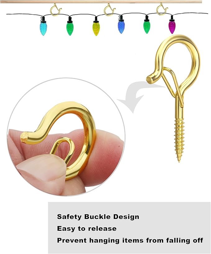 PlusRoc 20 Pack Ceiling Hooks for Hanging Plants Outdoor String Lights Heavy Duty, 2.2 Inch Eye Hook Screw in Cup Hooks Q-Hanger for Patio Lights, Wall Wood Fence Deck Mount(Gold)