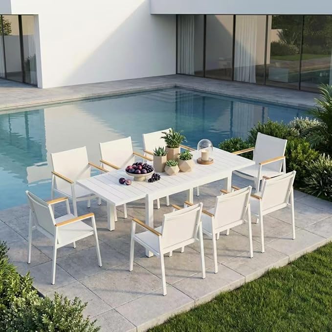 Outdoor Aluminum Patio Dining Table Set for 6-8 Person, Expandable Outdoor Table and 8 Chairs with Textilene Fabric & HDPS Armrest, All-Weather Patio Furniture Set for Yard, Garden, White