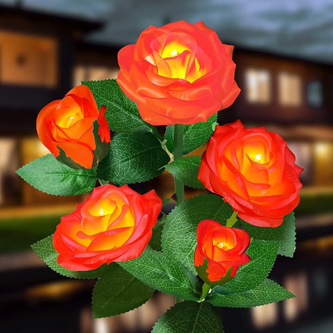 Solar Flower Lights Outdoor - Upgraded Two Modes Realistic LED Solar Powered Waterproof Roses, Decorative Stake for Garden (Orange, 1 Pack)