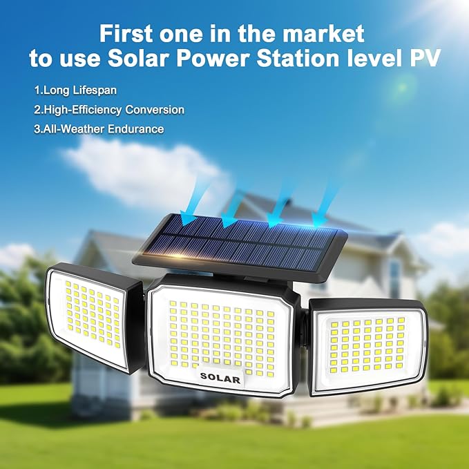 Solar Security Light Outdoor Super Bright LED, Motion Sensor Flood Light, 3 Heads 270° Wide Angle,Remote Control, IP65 Waterproof, 3 Modes (4 Packs)