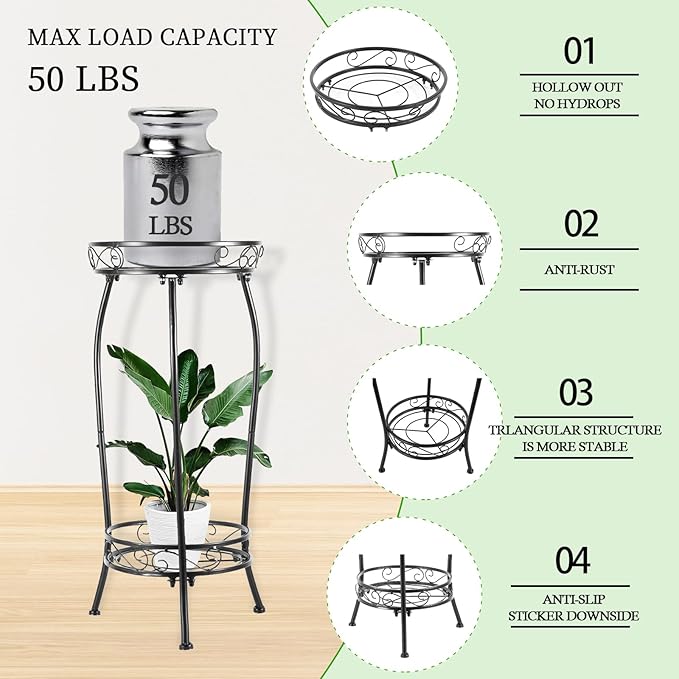 Plant Stand Indoor Outdoor，Tall Black Metal Rustproof Stable Plant Stands，2 Tier 27.1 inch (2PS-Iron)