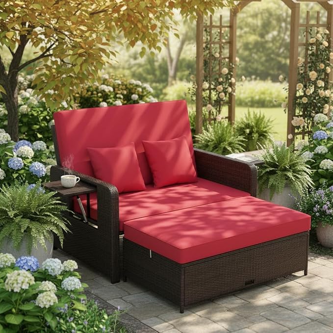 Tangkula Patio Rattan Daybed with 4-Level Adjustable Backrest, Outdoor PE Wicker Loveseat with Storage Ottoman & Folding Side Tray, Double Sunbed Lounger for Balcony, Backyard & Poolside, Red & Brown