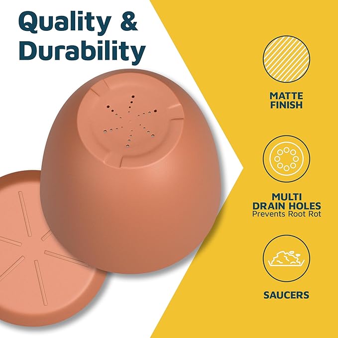Terracotta Plant Pots with Drainage Holes & Saucers 20 Pack, Indoor & Outdoor Stackable Space-Saving Planters for Houseplants & Flowers, (7", 6.7", 6", 5.3", and 4.8" Inches), Durable & Weatherproof