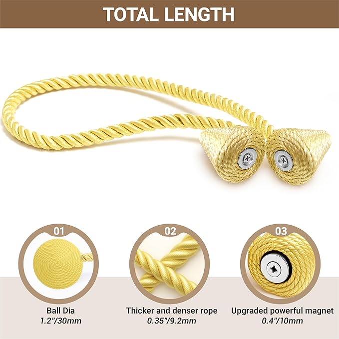Hion Magnetic Curtain Tiebacks Golden 2pcs, Curtain Tiebacks Buckles Holdbacks Holders Hooks Clip for Home Bedroom Office Decorative Curtain