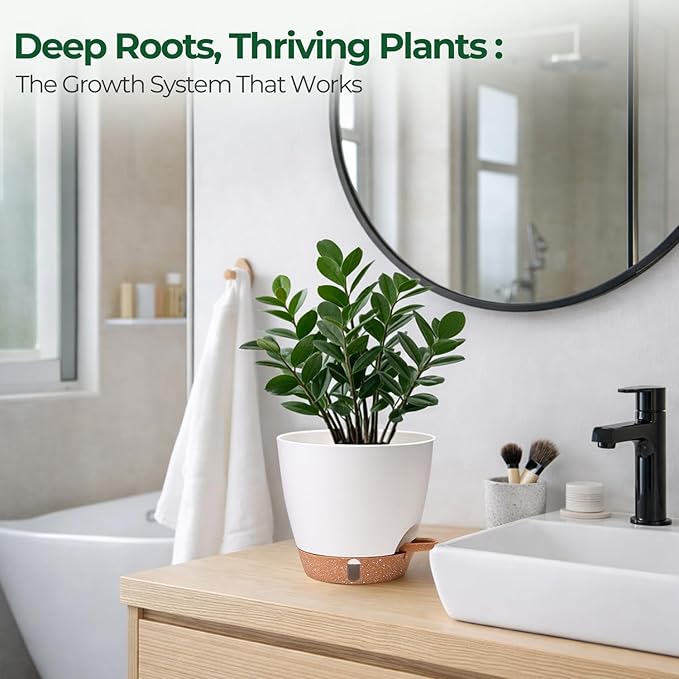 T4U 2 Pack 8 Inch Self Watering Pots - Water Level Indicator & Deep Reservoir, Mess-Free Planter for Busy People, Beginners & Gardeners, Pothos/Herbs/Snake Plants, Indoor Outdoor Use (White)