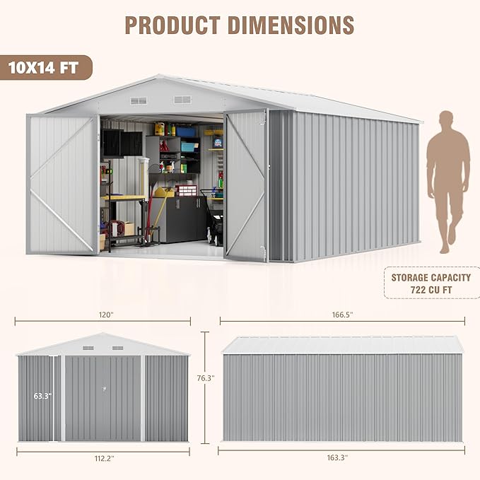 Greesum 10×14 FT Outdoor Storage Shed, Metal Storaged Sheds Without Floor, Tool Sheds with Lockable Doors and Sloping Roof for Garden, Patio, Gray