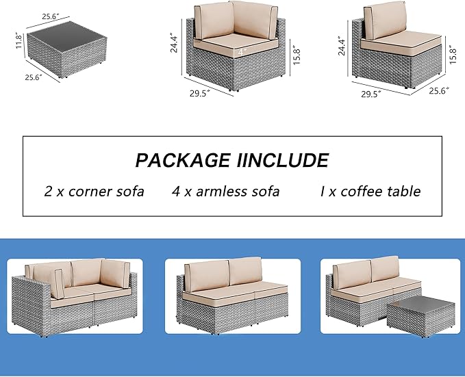 Shintenchi 7 Pieces Outdoor Patio Sectional Sofa Couch, Silver Gray PE Wicker Furniture Conversation Sets with Washable Cushions & Glass Coffee Table for Garden, Poolside, Backyard (Khaki)