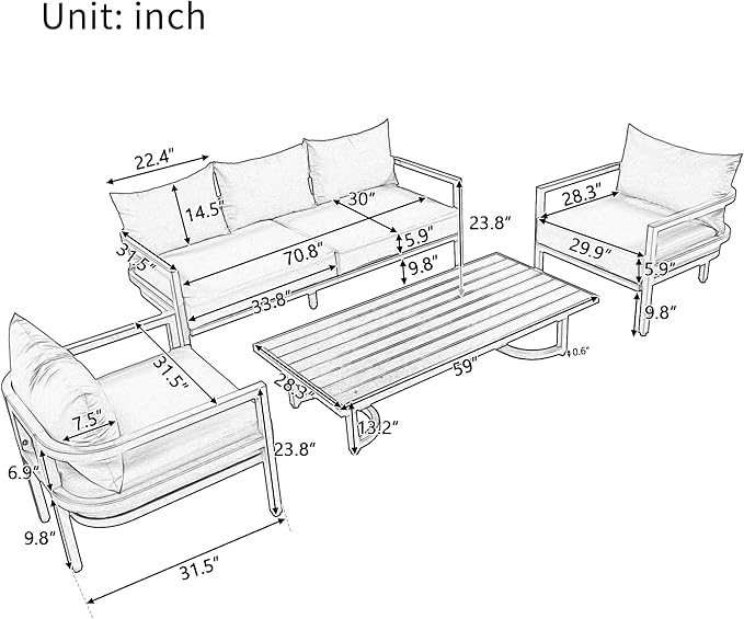 Merax 4 Piece Sectional Furniture Patio Sofa Multi-Person Outdoor Steel Sofa Set, Waterproof, Anti-Rust and Anti-uv, Suitable for Gardens and Lawns，Beige