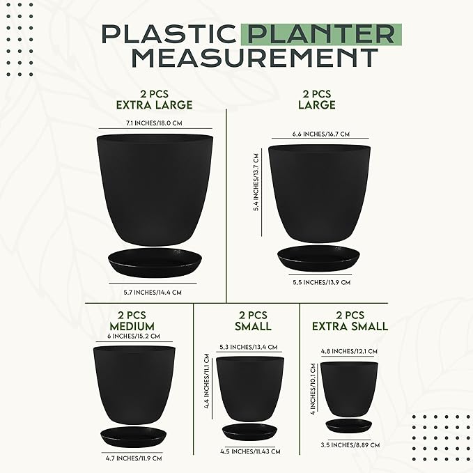 Utopia Home - Plant Pots Indoor with Drainage - 7/6.6/6/5.3/4.8 Inches Home Decor Flower Pots - Pack of 10 Plastic Planters for Indoor Plants, Cactus, Succulents Pot - Black