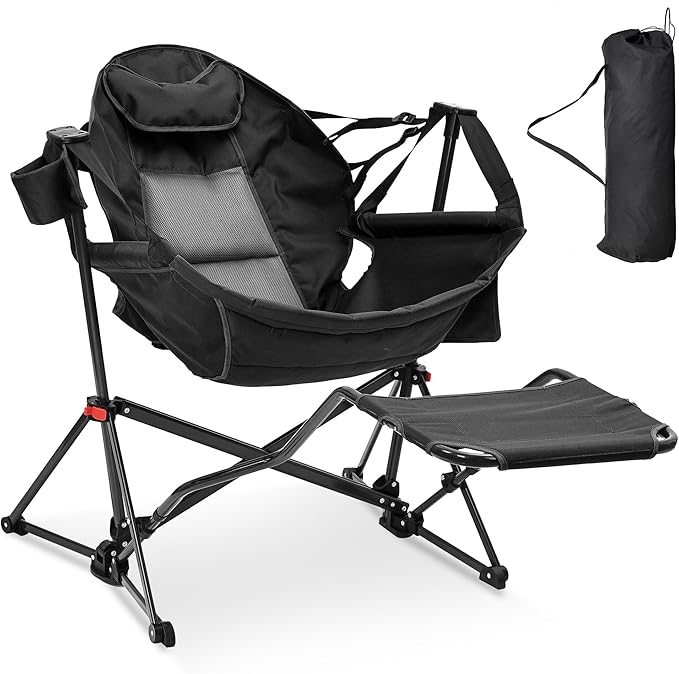 Ainfox Hammock Camping Chair with Footrest, Foldable Portable Rocking Chairs for Adults Outside Swinging Camp with Cup Holder Pillow for Outdoor Patio Poolside (Dark Black)