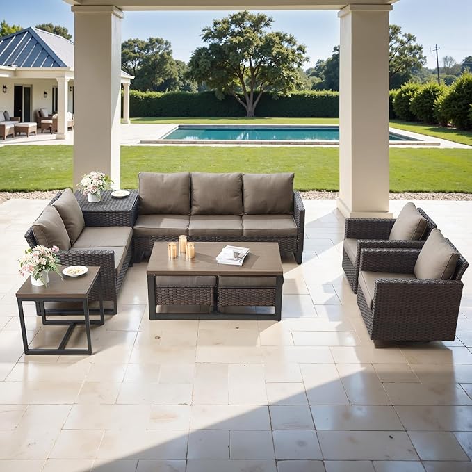 Belord Patio Conversation Set with Swivel Glider Chairs - 9 Piece Outdoor Sectional Furniture Set with Storage Box and Metal Top Table Brown Wicker/Gray Cushions