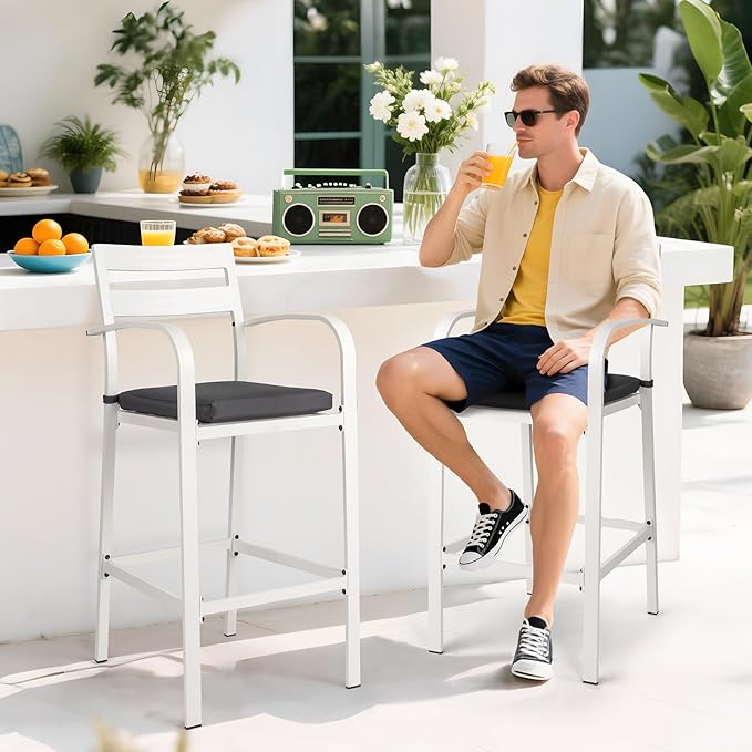 VINGLI Outdoor Bar Stools Set of 2, All-Weather Bar Height Aluminum Stools with 1.6" Thick Cushion, Rust-Proof Patio Chairs for Backyard, Poolside, Balcony & Kitchen Island (White)