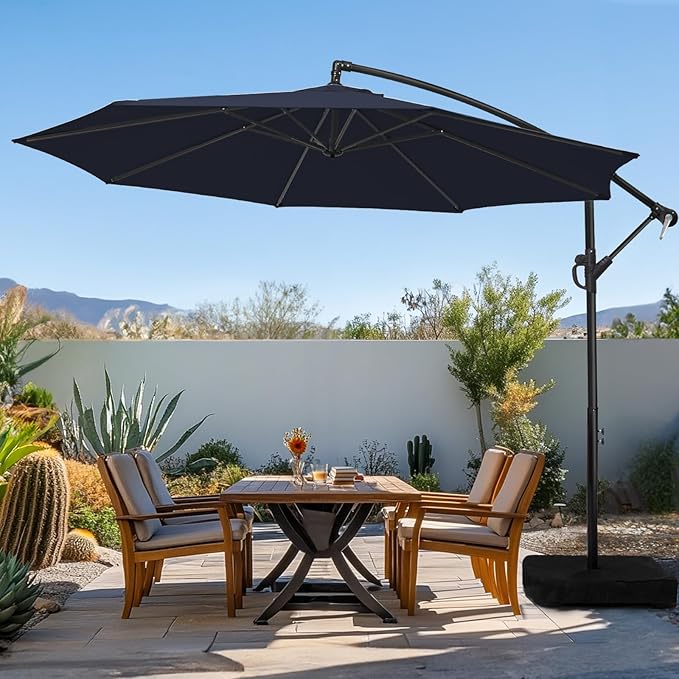 wikiwiki 10ft Patio Umbrella with Base Included, Outdoor Offset Cantilever Umbrella with Sandbag Base for Backyard, Garden and Pool, Easy to Tilt and Crank, Navy Blue