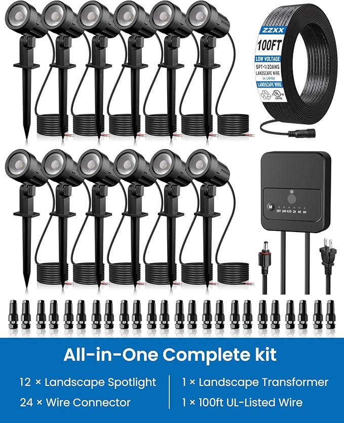 ZZXX All-in-One Low Voltage Landscape Lighting Kit, 12-Pack LED Landscape Lights with Transformer 100FT Wire and Connectors, 2700K Waterproof Landscape Spot Lights for Garden Yard House Tree