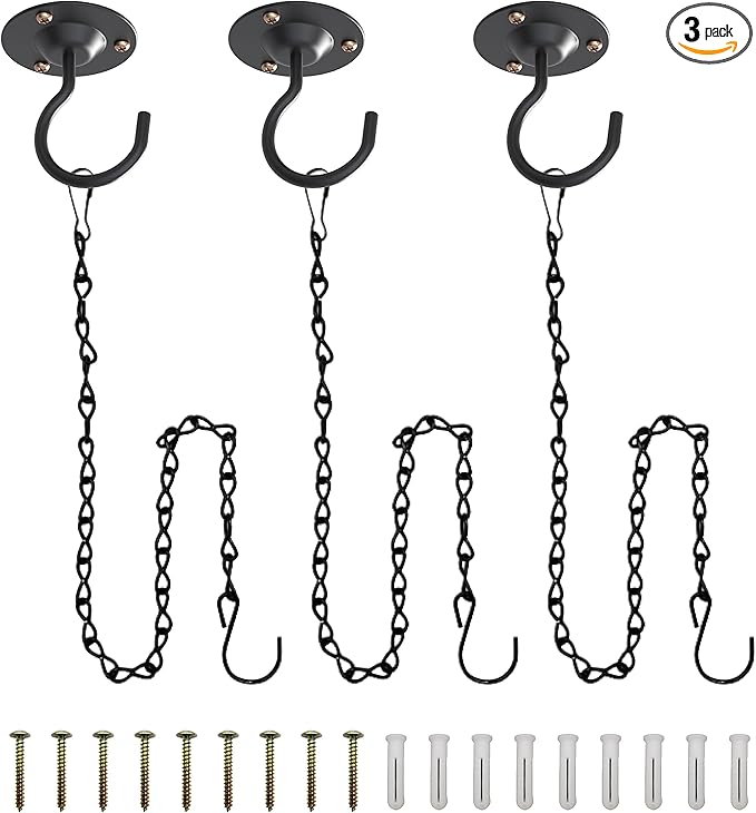 NACETURE Ceiling Hooks for Hanging Plants 3 Pack - Plant Hanger Indoor Hanging Hooks Metal Plant Bracket Iron Lanterns Hangers for Wind Chimes (Black 3 Pack + Chain)