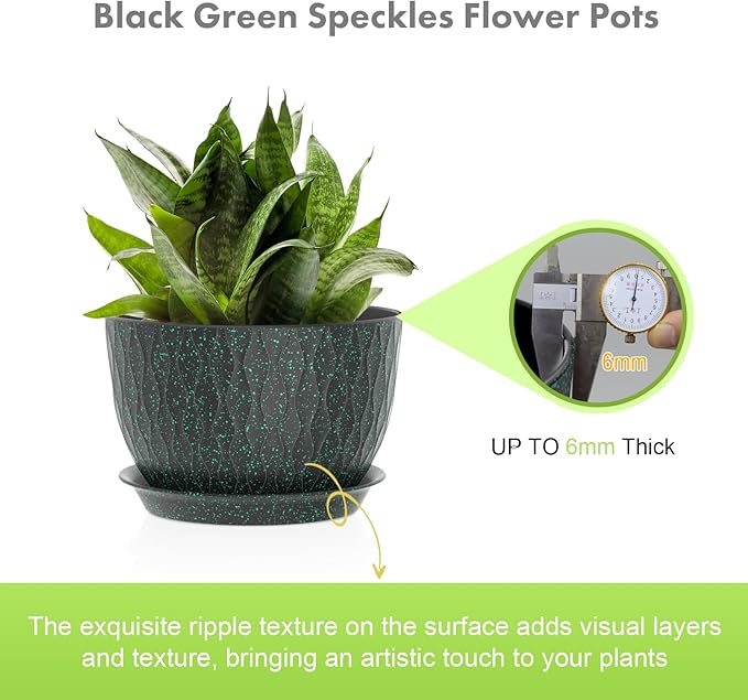 12/10/9 inch Large Plant Pots, 3 Pack Wide Flower Pots for Outdoor Indoor Plants, Water Ripples Plastic Planters with Drainage Holes and Saucers for Garden House, Black with Green Speckles
