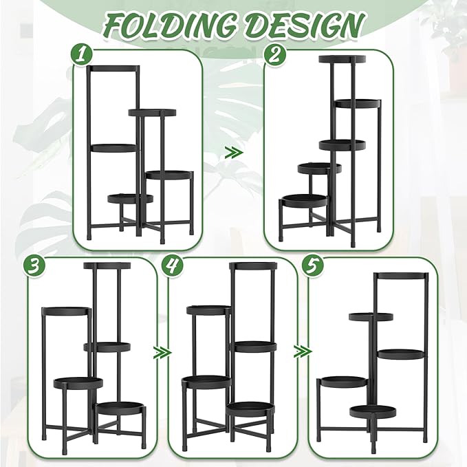 iDavosic.ly Plant Stand with Garden Tools, 5 Tier Corner Metal Flower Display Holder Shelf Indoor Outdoor, Easy Assembly Folding Tall Orchid Rack for Patio Balcony Porch Living Room House, Black
