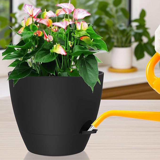 12 Inch Large Self Watering Pots, Flower Pots with Multi-Mesh Drainage Holes and Saucer, Planters for Indoor and Outdoor Garden Plants (Black)