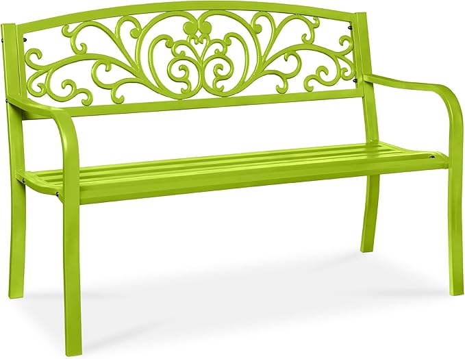 Best Choice Products Outdoor Bench Steel Garden Patio Porch Furniture for Lawn, Park, Deck w/Floral Design Backrest, Slatted Seat - Lime Green