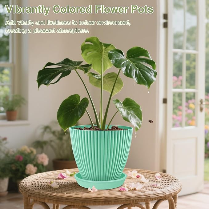 SupKing Large Plant Pots 7.5/6.7/6 Inch Set of 3, Plastic Flower Pots Planters with Drip Trays and Multi Mesh Drainage Holes Multicolor Nursery Planting Pot for Indoor Outdoor Garden Plants