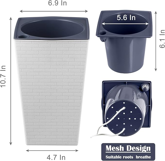 2 Pack Self Watering Planters 10.7" x 6.9" Planter for Indoor Plants White Self Watering Violet Pots Plastic Flower Pots Square Planter with 3D Wallpaper Pattern