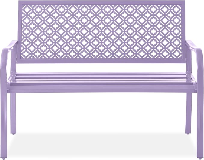 Best Choice Products Outdoor Bench 2-Person Metal Steel Benches Furniture for Garden, Patio, Porch, Entryway w/Geometric Backrest, 790lb Capacity - Lavender