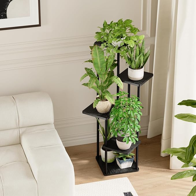Bamworld Black Plant Stand Indoor 5 Tier Plant Shelf for Multiple Plants Corner Flower Stand Metal Wood Plant Table for Patio Garden Balcony Living Room Bedroom