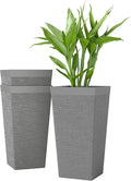 Outsunny 22.8 Inch Tall Planters for Outdoor Plants, Set of 3 Plastic Flower Pots with Stone Finish and Wheels, Stackable Tapered Planters with Drainage Hole for Indoor Plants, Front Porch, Gray