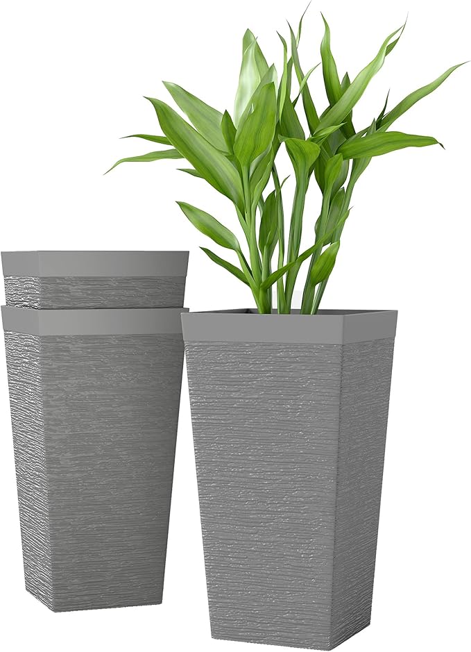 Outsunny 22.8 Inch Tall Planters for Outdoor Plants, Set of 3 Plastic Flower Pots with Stone Finish and Wheels, Stackable Tapered Planters with Drainage Hole for Indoor Plants, Front Porch, Gray