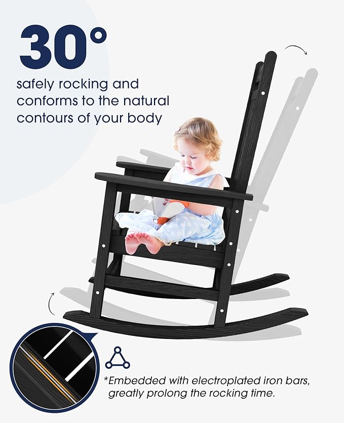 KINGYES Oversized Outdoor Rocking Chair Set of 4, All-Weather Patio Rocking Chairs for Porch, HDPE Outdoor Patio Rockers with High Back & Wide Seat for Garden, Lawn, Black