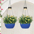 SUNNYPARK 2 Packs Hanging Planters Basket for Outdoor Plants, Solar Powered Self Watering Blue Round Plastic Flower Pots with Drainer for Balcony Patio Garden Outdoor Decoration