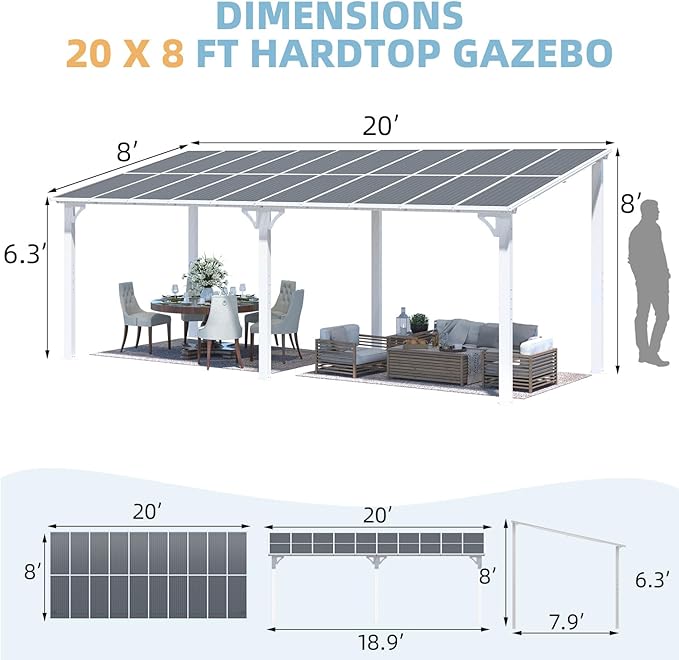 AECOJOY 20' x 8' White Outdoor Gazebo for Patio, Large Wall-Mounted Hard Top 8x20 Lean to Metal Gazebo Shelter Pergolas and Gazebos Clearance with Patio Roof, Heavy Duty Awnings for Patio, Decks