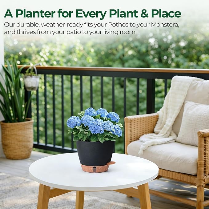 T4U 2 Pack 8 Inch Self Watering Pots - Water Level Indicator & Deep Reservoir, Mess-Free Planter for Busy People, Beginners & Gardeners, Pothos/Herbs/Snake Plants, Indoor Outdoor Use (Black)