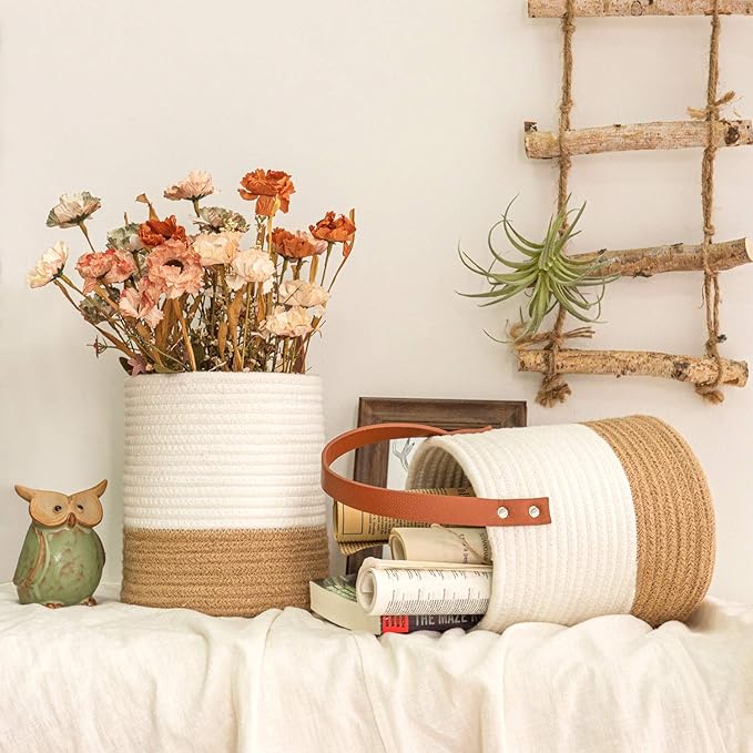 Goodpick 2pack Jute Rope Hanging Basket - Small Woven Fern Wall Hanging Baskets Flower Plants, Woven Basket Key Storage Baskets, White and Jute 7.87 x 7 x 11.7 inches