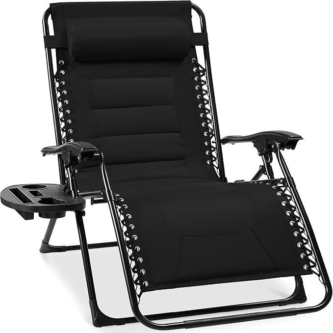 Best Choice Products Oversized Padded Zero Gravity Chair, Folding Outdoor Patio Recliner, XL Anti Gravity Lounger for Backyard w/Headrest, Cup Holder, Side Tray, Polyester Mesh - Black