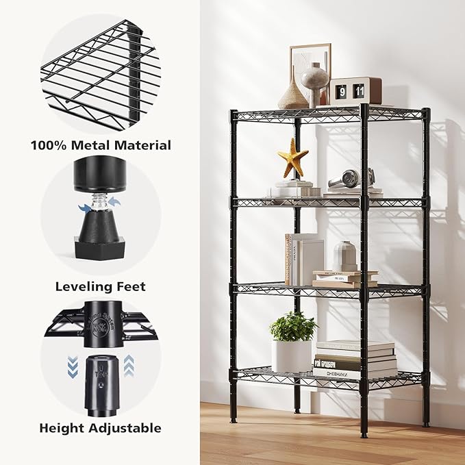 DUMOS 4-Tier Metal Wire Storage Shelves, Adjustable Standing Storage Rack Shelf, Heavy Duty Steel Shelving Unit Organizers for Kitchen Bathroom Pantry Garage, 23.3" W×13.4" D×47" H, Black