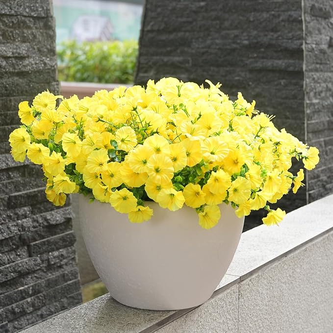 Artificial Flowers for Outdoors, UV Resistant Fake Silk Morning Glory, Realistic Faux Plants for Outside Porch Patio Window Box Hanging Planter (16, Yellow)