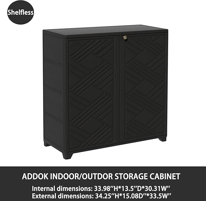 ADDOK Indoor Outdoor Plastic Storage Cabinet 34"x15"x34", Outdoor Storage Shed for Living Room, Hallway, Balcony, Garage, Garden, Backyard-Black（W/O Shelf）