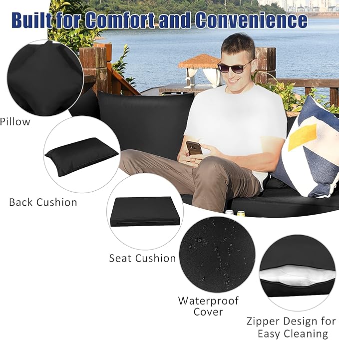 Tangkula 7 Pieces Patio Rattan Furniture Set, Patiojoy Outdoor Conversation Set with Cushions and Tempered Glass Coffee Table, All-Weather Sectional Sofa Set for Garden, Lawn, Backyard (Black)