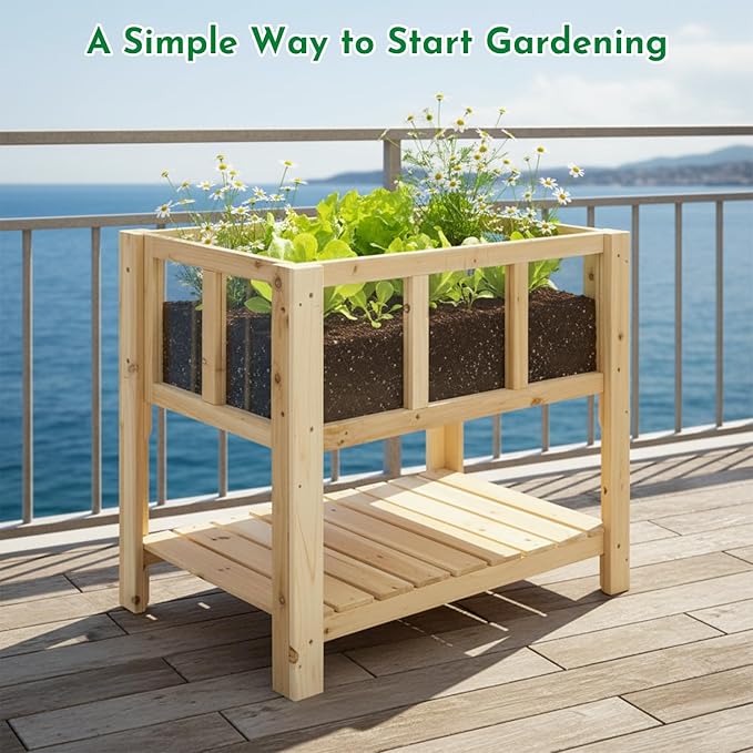 Raised Garden Bed with Transparent Acrylic Side Panels, Elevated Wooden Planter Box with Shelf for Vegetables, Herbs & Flowers,Outdoor Raised Garden Planter for Patio, Balcony & Backyard