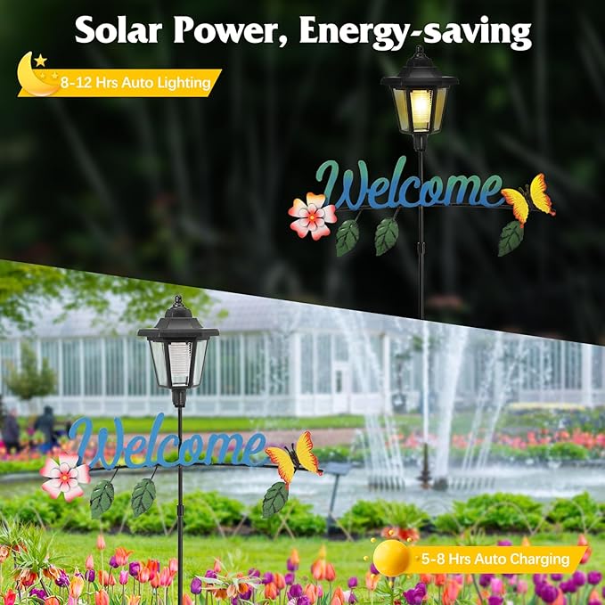 Lewondr Solar Garden Lights Butterfly, 36.6 Inch Solar Lamp Post Light with Welcome Sign & Butterflies, Outdoor Waterproof Solar Stake Lights for Yard Porch Patio Pathway Gardening Gifts, 2 Pack