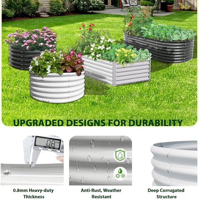 A ANLEOLIFE 4-Set 8X4X2 ft Galvanized Raised Garden Bed Kit, Oval Metal Deep Root Planters for Outdoor Plants, Antique White