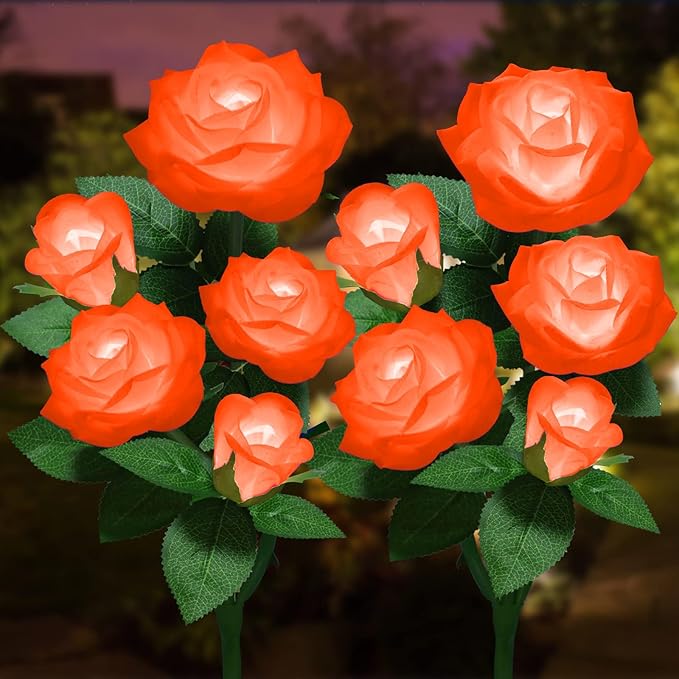 Solar Flower Lights Outdoor - Upgraded New Material Two Modes Realistic LED Solar Powered Waterproof Lights with 5 Roses, Solar Decorative Stake Lights for Garden (Orange, 2 Pack)
