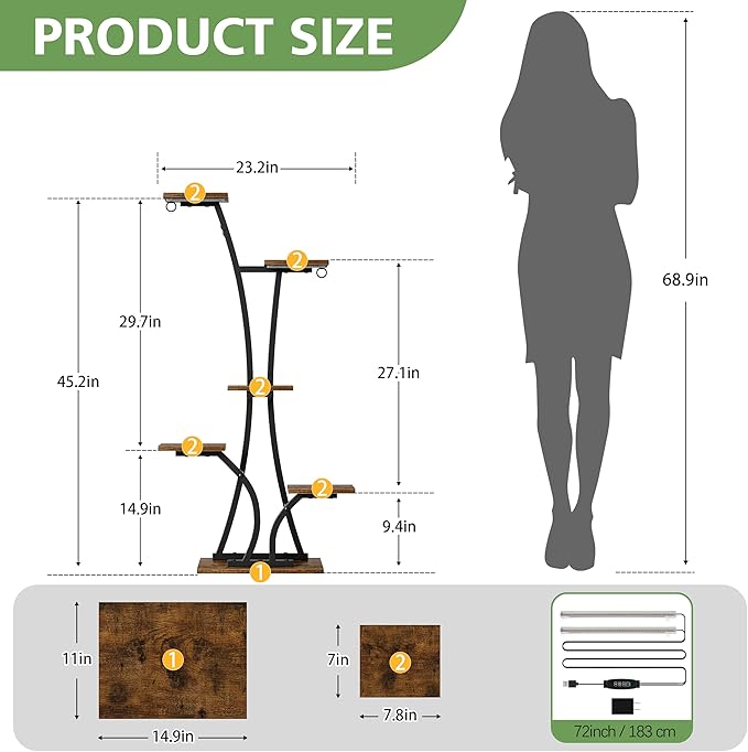 Plant Stand with Grow Light for Indoor Plants, 6 Tiered Metal Plant Shelf, 45" Indoor Plant Rack with 7 Shelves and 2 Hooks, Modern Corner Plant Holder for Living Room Balcony Bedroom, Black
