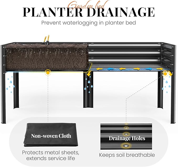 KING BIRD Large Raised Garden Bed with Netting Galvanized Elevated Planter Box with Legs 72×23×55 in for Backyard, Patio, Balcony, 700lb Capacity, Dark Grey