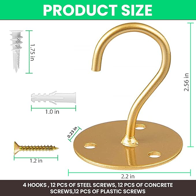 Ceiling Hooks for Hanging Plants- 4pcs 2.56 inches Heavy Duty Powder Coated, Gold Hanging Hooks for Bird Feeders, Planters and Wind Chimes